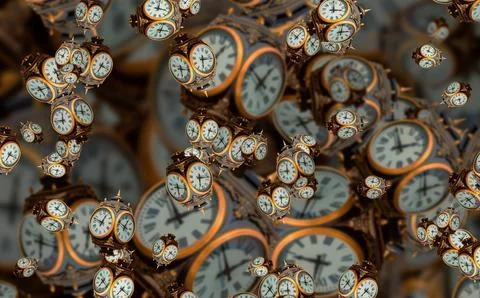 Large set of vintage clock faces. Texture of time, Elegant collection. 3d ill Stock Illustration