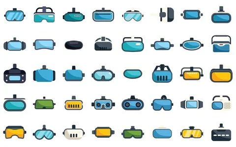 Large set of virtual reality glasses icons showing different models and colors Stock Illustration