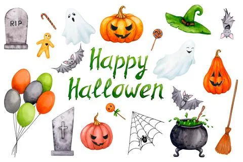 Large set of watercolor elements for Halloween. Illustrazione stock