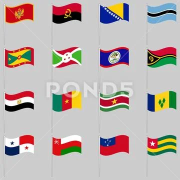 Large set of waving flags on a pole Ilustraciones de archivo