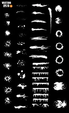 A large set of white drops of paint, white smears, stains, blots, brushes, li Illustrazione stock