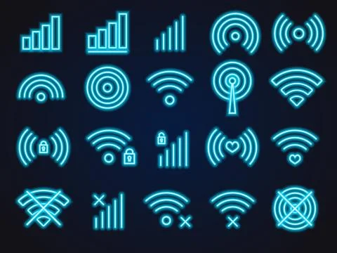 Large set of wifi signal, connection, cell phone sigal, blue neon glow Stock Illustration