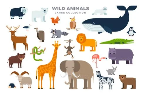 The large set of wild animals in flat design isolated on white background Illustrazione stock