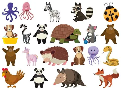 Large set of wild animals on white background Stock Illustration