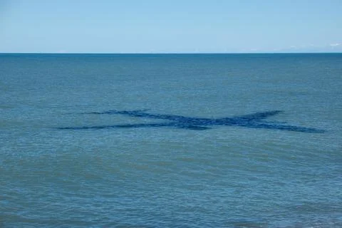 Large Shadow of Flying Airplane Cast on Turquoise Sea Water Surface near Coast Stock Photos