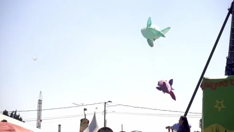 Large shark shaped inflatable kites flying above outdoor festival Видео 333128552