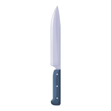 Large sharp kitchen knife with black handle standing upright on white background Illustrazione stock