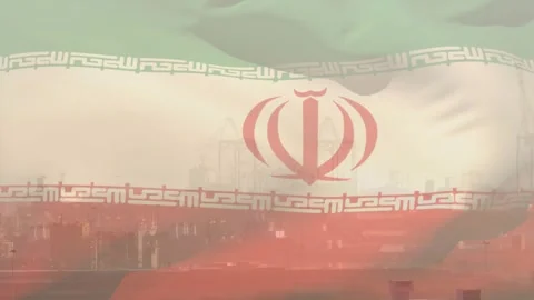 Large sheer Iranian flag fluttering over business skyline, wind revealing and Stock Footage 330463161