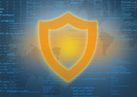 Large shield icon on abstract background of computer code 스톡 일러스트