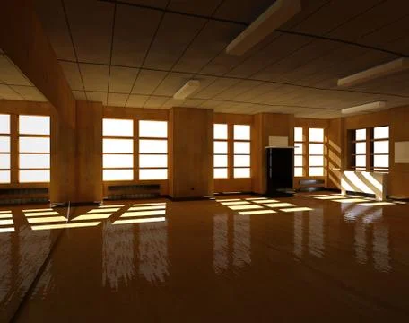 Large, shiny parquet surface of a dance hall illuminated only by the light fr 스톡 일러스트