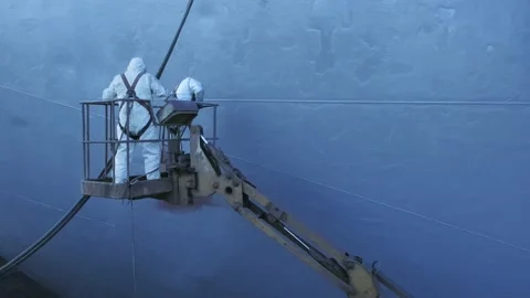 Large ship being painted by a dock worke... | Stock Video | Pond5
