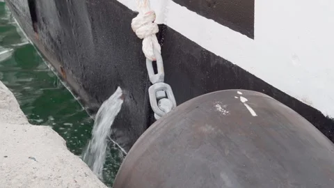 Large ship fender between the boat and the pier. Closeup of ship fender in work Stock Footage 251946335