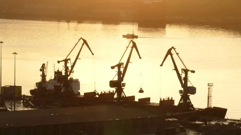 A large ship is loaded with coal. Port cranes are working. Stock Footage 83159833