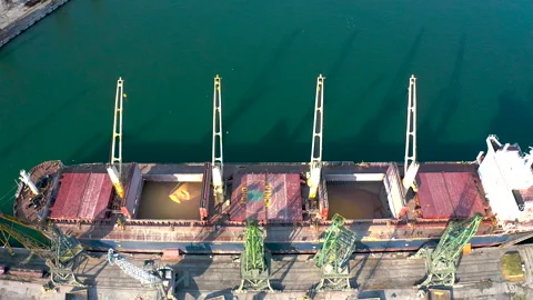 A large ship loading grain for export. Water transport Stock Footage 294944254