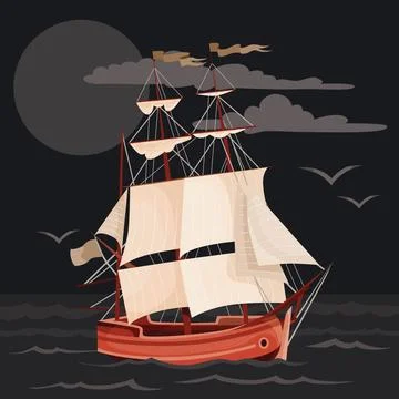 A large ship with many sails sails at night on the dark sea, vector illustr.. Stock Illustration