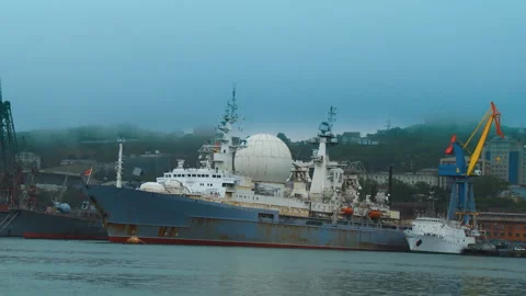 A large ship of the measuring complex on the pier of sea port of Vladivostok Stock Footage 92204899