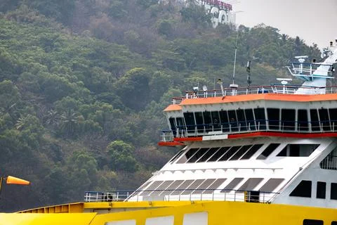 Large Ship at Rest Amidst the Endless Blue. Ferry boat full of window in cl.. Stock Photos