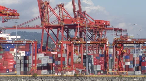 Large shipping cranes moving shipping containers Stockbeeldmateriaal 48340433