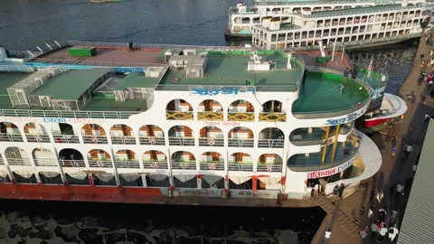 Large Ships stopped, moored in the Launch Terminal, Dhaka Stock Footage 301445886