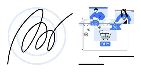 Large signature, e-commerce interface with shopping cart and buy button, peop Ilustração Stock