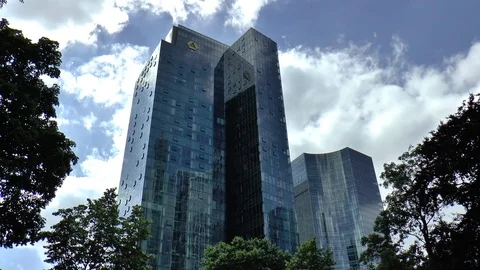 Large Skyscraper with Reflective Glass Surface in Central Frankfurt Stock Footage 78181679