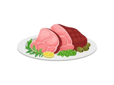 Large slice of ham with lemon and olives. Vector illustration on white Stock Illustration