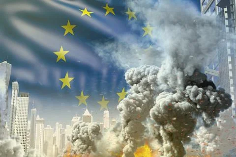 Large smoke column with fire in abstract city Ilustración de archivo