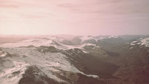 Large snow patch left over on the volcanic rock field of a mountain in summer Ilustración de archivo