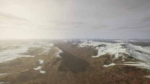 Large snow patch left over on the volcanic rock field of a mountain in summer Ilustración de archivo