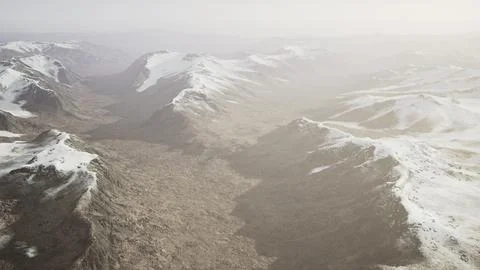 Large snow patch left over on the volcanic rock field of a mountain in summer Stock Illustration