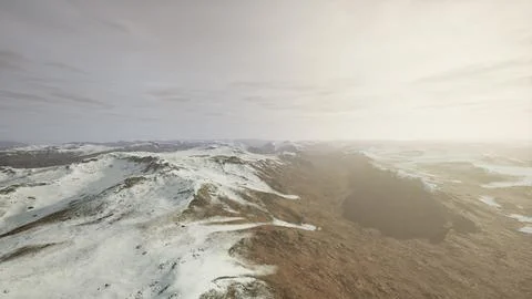 Large snow patch left over on the volcanic rock field of a mountain in summer Ilustración de archivo