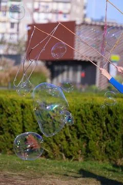 Large soap bubbles in close-up. Stock Photos