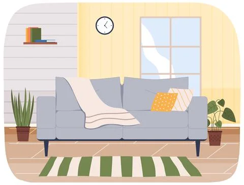 Large soft bright sofa with pillows in interior of living room. Arrangement of Illustrazione stock