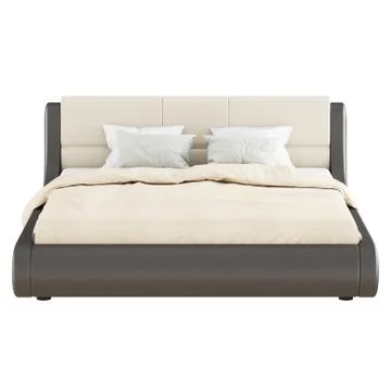 A large soft brown-beige double bed with pillows and a blanket on a white Stock Illustration