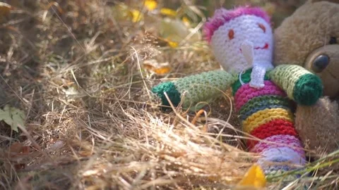 A large soft toy teddy bear lies in the grass Stock Footage 94712353