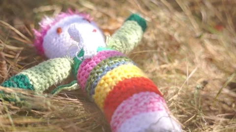 A large soft toy teddy bear lies in the grass Stock Footage 94717615