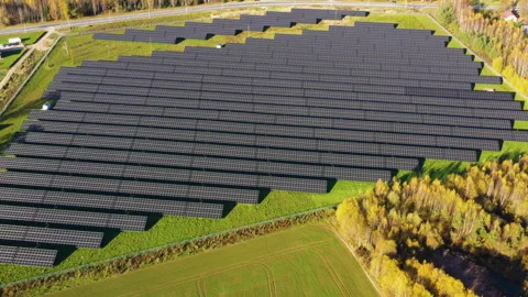 Large Solar Array Overlooking Scenic Autumn Forest, Promoting Clean Energy Stock Footage 293199234