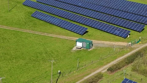 Large Solar Panel Array Aerial View Renewable Energy Farm, Coalville UK Stock Footage 332603294