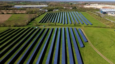 Large Solar Panel Array Aerial View Renewable Energy Farm, Coalville UK Stock Footage 332603338