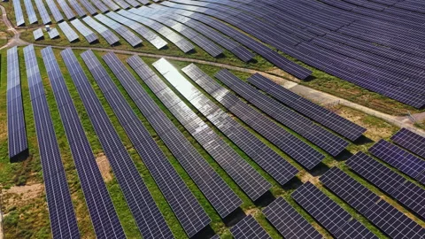 Large solar panel array covers a wide area of land on a sunny day in a rural Video stock 339519691