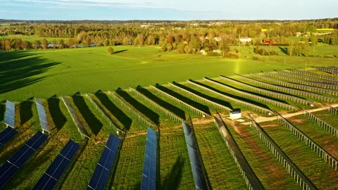 Large solar panel array in rural countryside generating renewable energy in Stock Footage 313713839
