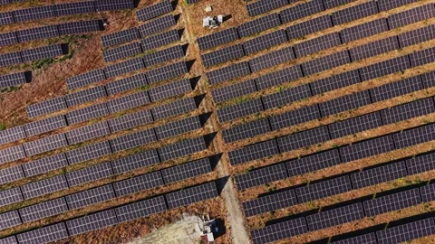 Large solar panels are set in rows in a renewable energy facility Stock Footage 344540848