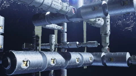 A large space station with residential modules in orbit of an inhabited plane Video stock 283160199