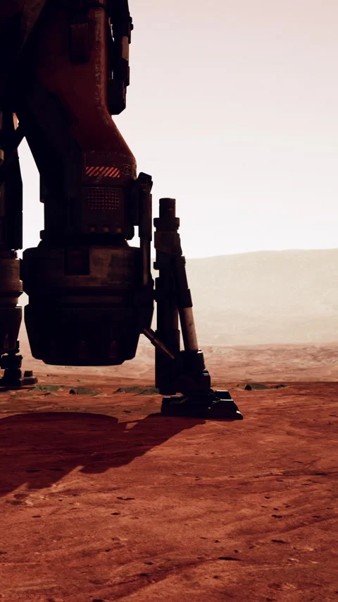 A large spaceship lander stands on the rocky surface of Mars Stock Footage 339784013