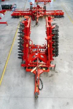 Large, spacious and light assembly shop. Manufacture of trailed and mounted a Stock Photos