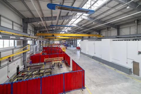 Large, spacious and light assembly shop. Manufacture of trailed and mounted Stock Photos