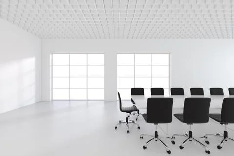 Large spacious meeting room with windows. 3d rendering Illustrazione stock