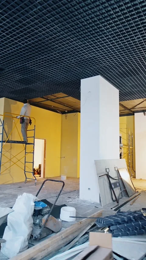 Large spacious room with building equipment, materials and devices. Builders' Stock Footage 337717423