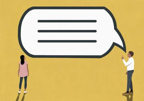 Large speech bubble between talking man and listening woman Ilustración de archivo