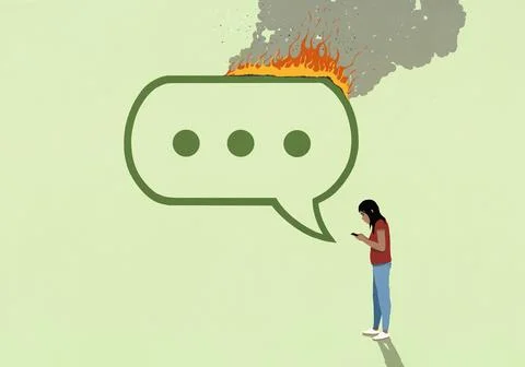 Large speech bubble on fire above teenage girl texting with smart phone against Ilustración de archivo